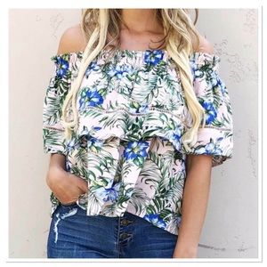 🚨CLOSET CLOSING🚨 Pink Tropical Print Off The Shoulder Top